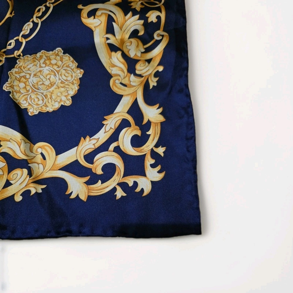 FABERGE Large Silk Scarf 32"x 32" Navy Blue Gold Square New With Box - Picture 6 of 11